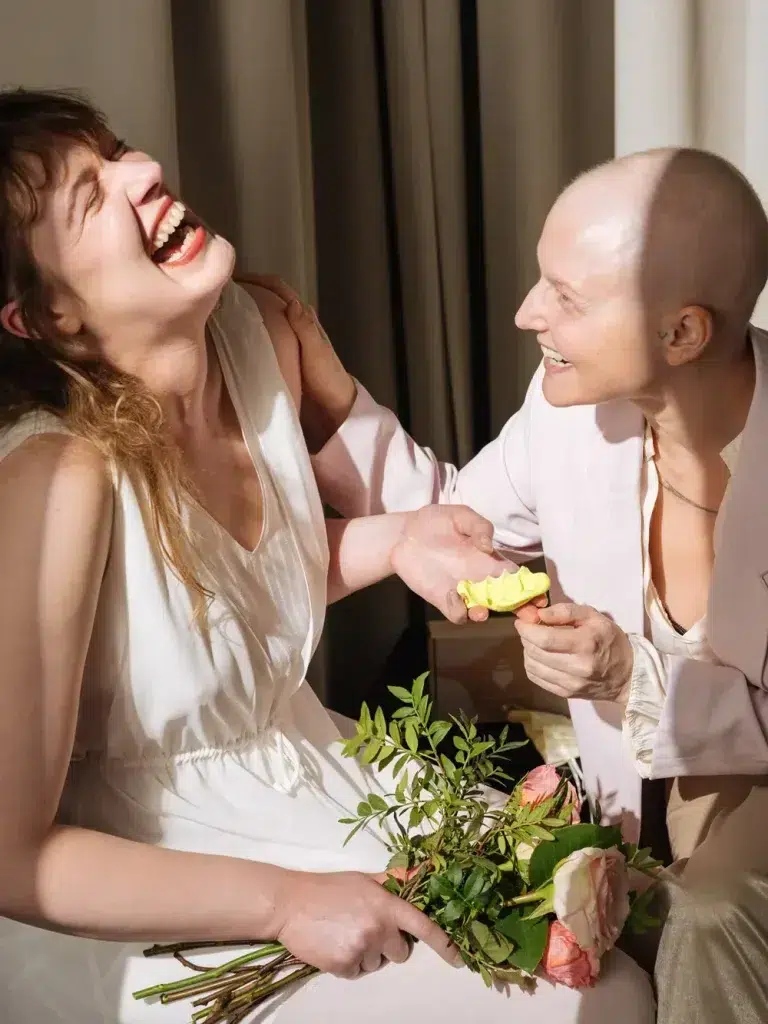 Zwei Frauen lachen, eine hält einen Blumenstrauß und einen Handabdruck. Dieser ist ein personalisiertes Hochzeitsgeschenk.